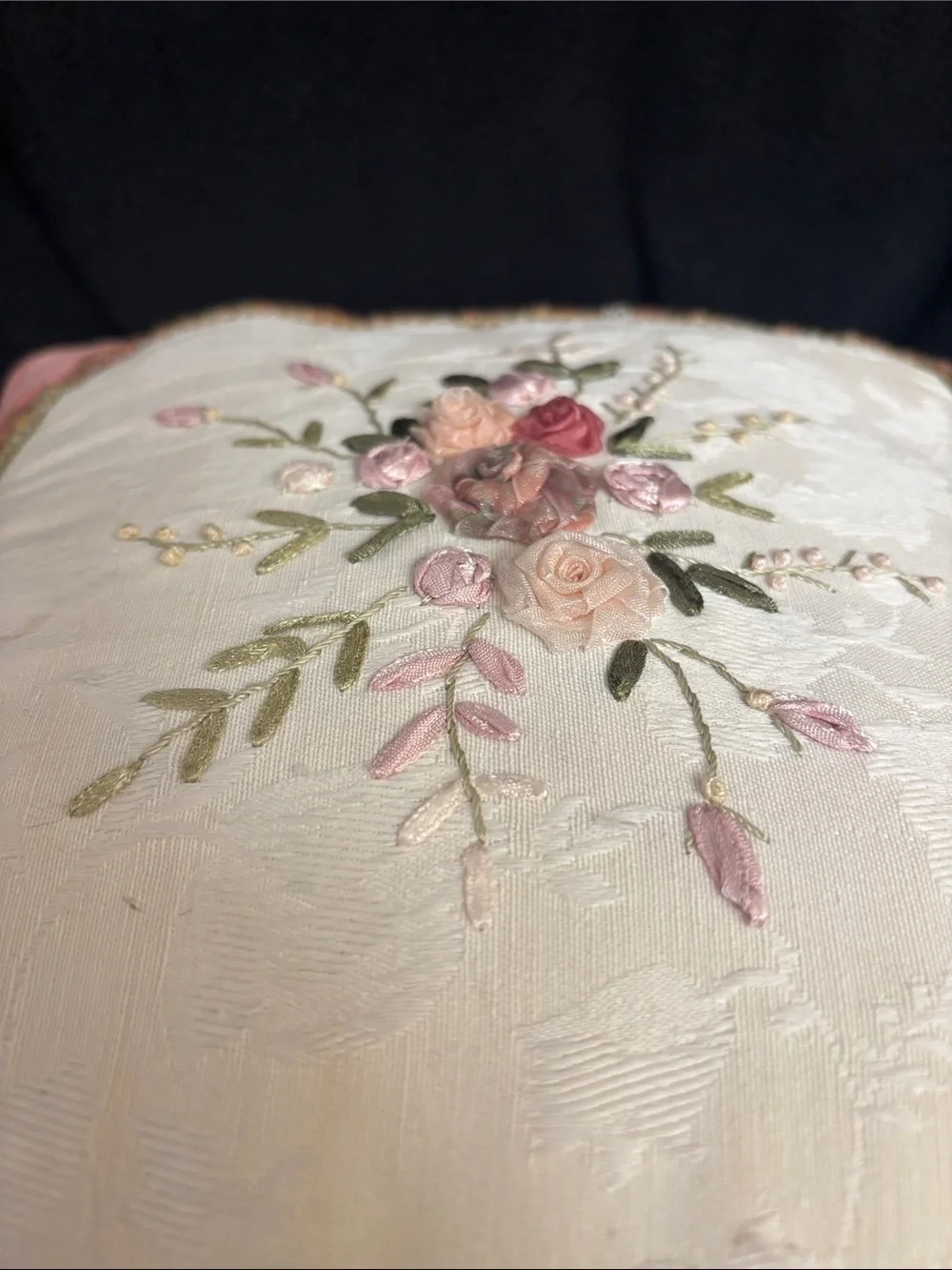 Vintage Velvet Rose Decorative Pillow - Soft Pink, Green, Cream Embroidery